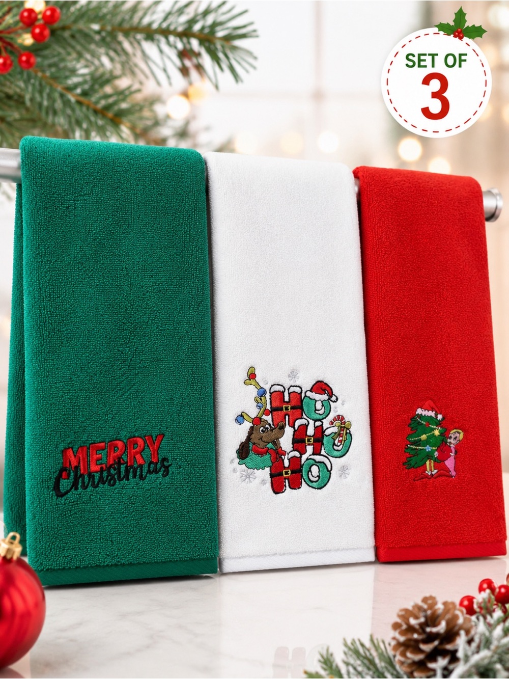 Holiday Kitchen Towels Set of 3 - Green, White & Red - NWOT